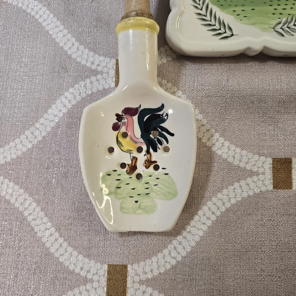 Vintage Hand Painted Wood Handle Gourmet Set w/ Rack Folk Art Trivet
